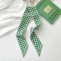 Green and white checkerboard silk scarf with heart patterns and pointed ends - Green Heart Diamond Grid