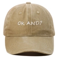 Detail of vintage washed khaki cotton baseball cap with white OK AND embroidered text - Khaki
