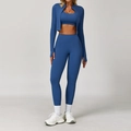 Three-piece dark blue yoga set with zippered jacket, sports bra and high waist leggings - Long Sleeve + Bra + Pants Midnight Blue