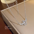 Silver titanium steel necklace with angel wing pendant and sparkling zircon stone - X269 Silver Crown Wings Zirconia
