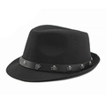 Black wool fedora with skull studs and leather belt detail in a punk gothic style - Skull Rivet Belt Style / Black