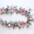 Pink Christmas garland with frosted pine needles, ornaments, and glitter flowers - 180cm Garland