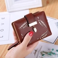 Brown faux leather wallet for women with leaf laser-cut hollow design and gold leaf pendant - Brown