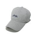 Detailed view of British plaid baseball cap featuring blue script embroidery and fine stitching - M (56-58cm) / White