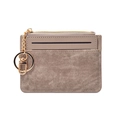 Slim taupe faux leather card holder with zipper pocket and golden key ring attachment - Khaki