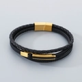 Multi-layer braided black leather bracelet for men with a polished gold magnetic clasp - Gold Buckle Style (KB205348-JR)