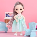Articulated mint green princess doll with grey hair and lace dress on pink background - Jasmine Girl