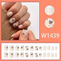 Cute bear and heart pattern press-on nails in nude pink with 24 pieces set - W1439 Cartoon Bear Style (With Glue)
