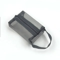 Close-up of light grey mesh mini makeup pouch with durable zipper and reinforced strap - Gray
