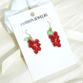 Fresh red grape long tassel earrings with green leaves on white jewelry card - Red