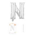Silberner Folienballon Buchstabe N in Verpackung mit Strohhalm zum Aufblasen - Buchstabe N / Silber