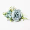 Bohemian hair comb with large Morandi blue silk rose and delicate green leaves - FS01-4 Blue