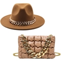 Close-up of brown wool fedora and beige pleated handbag set with chunky gold chains - L (58-60cm) / Khaki