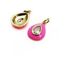 Pink enamel water drop pendant with gold frame and central zircon for jewelry making - Pink