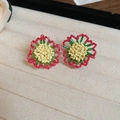 Handmade red beaded flower stud earrings with green stems and yellow accents - 81# S925 Silver Pin Pink Beaded Handmade Flower