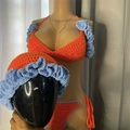 Handmade orange crochet bikini set with blue wave trim and matching hat for beachwear - Adult Free Size / Blue Orange (Hat, Bikini)