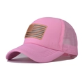 Detail of hot pink trucker hat with vintage US flag patch and breathable mesh back - Pink