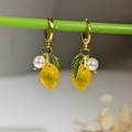Handcrafted yellow lemon drop earrings with green leaves and white pearl accents - Lemon Pearl Style (FH1003-9)