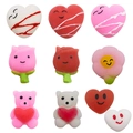 Set of 9 colorful TPR soft squishy toys including hearts, bears and roses in a grid layout - Valentine's Series