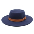 Detail of navy felt flat top hat with brown leather belt and silver buckle accents - M (56-58cm) / Navy Blue