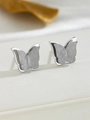 Detail view of silver butterfly stud earrings with frosted texture and polished edges - E002B Butterfly Stud Earrings Silver