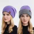 Unisex purple and grey reversible knitted beanie hat with Sport leather patch label - Purple