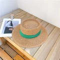 Detail of flat top straw hat with a wide green ribbon on a rustic wooden bench - M (56-58cm) / Khaki Fedora-Green Ribbon