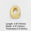 Macro detail of gold-plated letter O charm with sparkling cubic zirconia and dimensions - Letter O