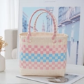 Pink and blue checkered woven plastic tote bag with cream base for picnic and shopping - Plain Plaid / Beige Main Color Horizontal Stripe