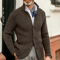 Men's brown stand collar knit cardigan in waffle texture with single-breasted design - Coffee