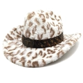 Chapeau de cowboy en peluche léopard style coréen avec bande en cuir et boucle métal - M (56-58cm) / Blanc - Dessus Plat