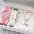 5-piece pink butterfly jewelry set with matching leather strap watch and accessories - Butterfly 5-Piece Set / Without Box / Pink Jewelry Set