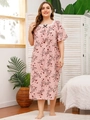 Plus size pink nightdress with brown floral print, lace neckline and small bow detail - 2XL / Pink Floral