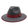 British style wool fedora jazz hat with wide brim, red ribbon and gold M metal buckle - M (56-58cm) / Gray