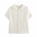 Chaqueta de punto blanca de manga corta con cuello Peter Pan y textura ondulada plana - S / Blanco