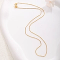 Detailed view of a gold-plated box chain necklace with lobster clasp on a white plate - A0155 Box Chain