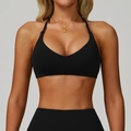 Vorderansicht von schwarzem Halter-Yoga-Sport-Bra mit tiefem V-Ausschnitt und Stretch - S / Premium Schwarz
