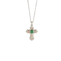Retro silver cross pendant necklace with oval green stone and white zircon accents - Necklace / Silver Green Zirconia