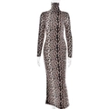 Abito lungo leopardato aderente con maniche lunghe e collo alto per donna - S / Stampa leopardata