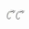 Macro view of C-shaped silver earrings featuring micro-pave white zircon and butterfly backs - Silver