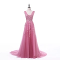 Detail of pink evening gown with floral lace bodice and layered tulle maxi skirt - L / Deep Pink