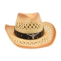 Straw cowboy hat with decorative leather band and silver bull head metal buckle - Khaki (Black Leather Band with Bull Head)