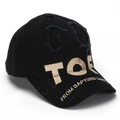 Detailed macro view of retro black baseball cap with TOR 3D embroidery and distressed holes - Black (Style A)