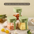 Three-piece set of avocado green spice jars made of glass with matching white spoons - 3-Piece Set Airtight Spice Jar | Avocado Green (900ml Total)