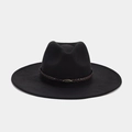 Detail of wide brim fedora hat featuring a brown woven leather band and oval metal buckle - Vintage Metal Badge Braided Leather Cord (Color #12)