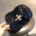 Black faux leather baseball cap with crocodile texture and golden diamond cross ornament - Black - Cross