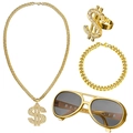Gold dollar sign necklace with matching ring, bracelet and aviator sunglasses set - Retro Singer 4pcs Set
