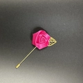 Elegant rose red fabric flower brooch with golden leaf on long needle pin for men's suit - Rose Red