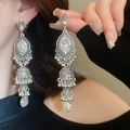 Bohemian silver drop earrings with crystal accents and hollow floral tassels - 36# Steel Earring Post-Silver