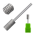 Macro detail of cylindrical carbide nail drill bit with cross-cut texture and storage base - Silver Nail Drill Bit 03C